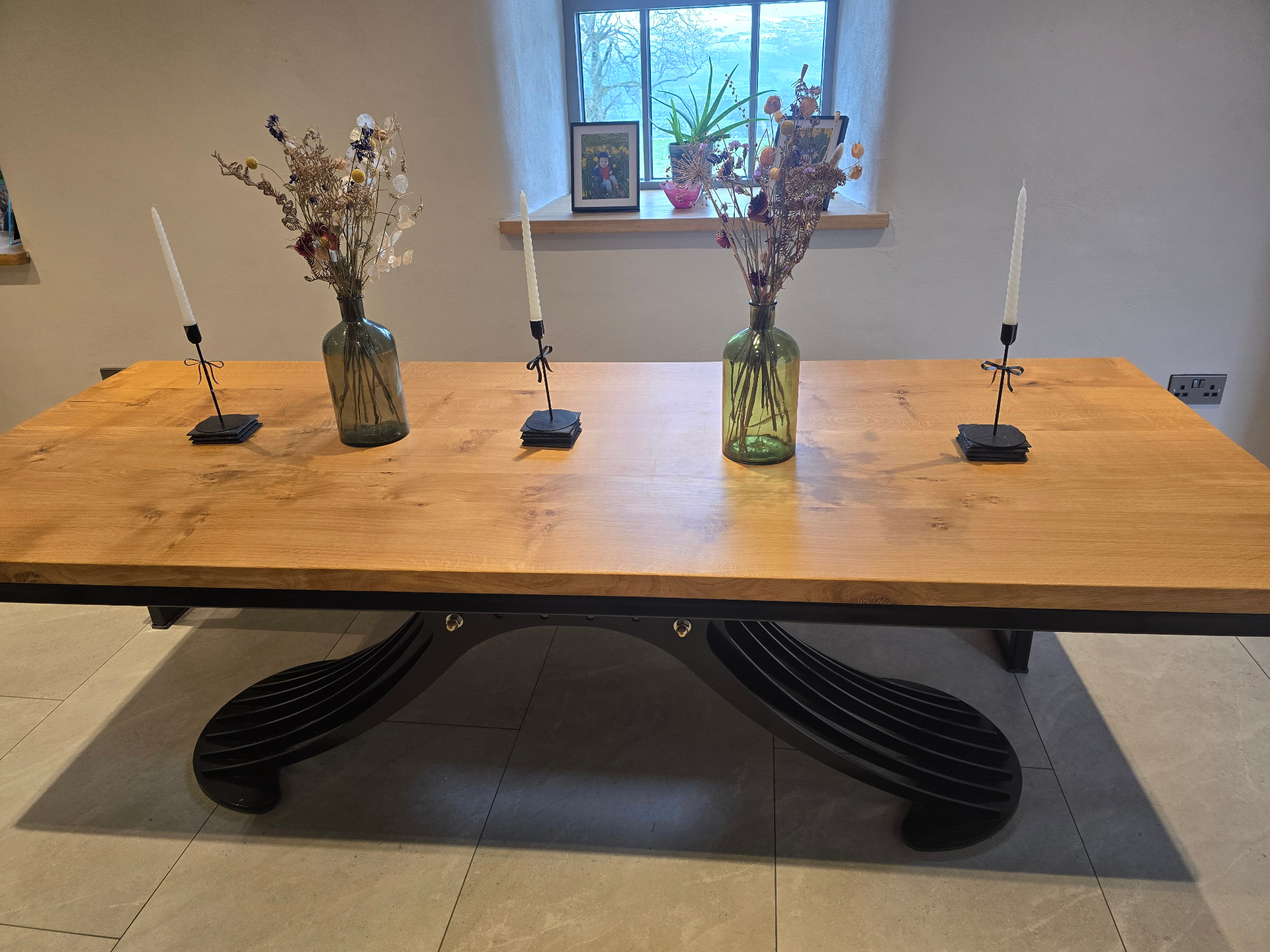 Detail of European oak and steel dining table